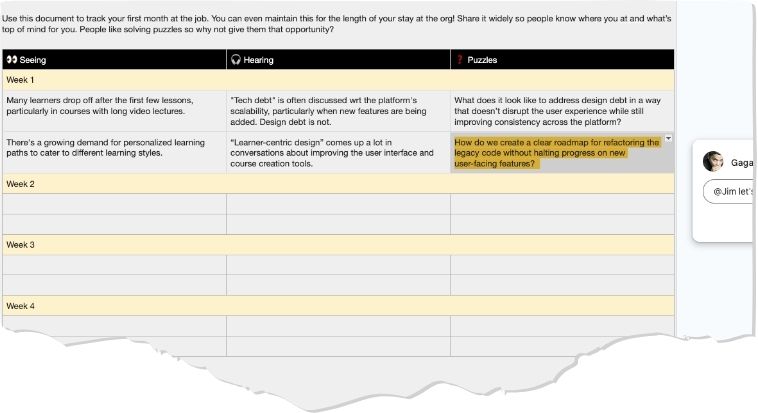 Google doc template to document your first month
